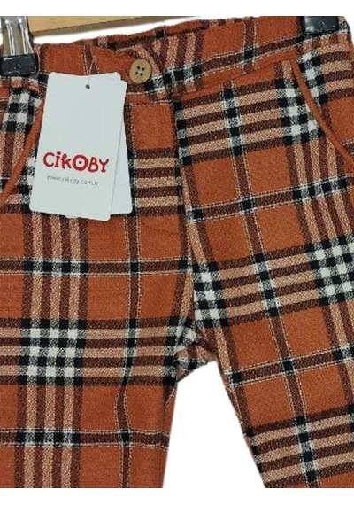 Çikoby Erkek Bebek Bel Paça Lastikli Rahat Kalıp Ekose Pantolon-13474 Tarçın