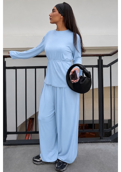 Madmext Mavi Likralı Modal Şalvar Takım Mg2784