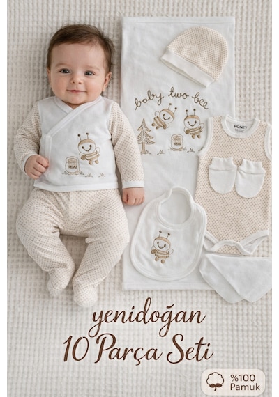 Petino Yenidoğan Hastane Çıkış Seti 10 Parça %100 Pamuk Nakışlı Bebek Seti Bej Unisex
