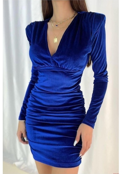 DefyModa Kadın El Emeği Kadife Kumaş Dik Yaka Uzun Kollu Abiye Elbise Saks