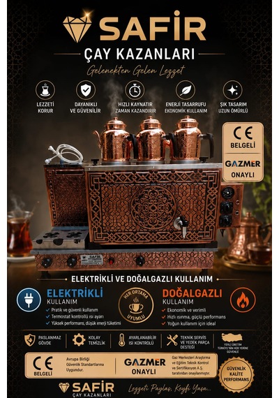 3 Gözlü Bakır Çay Kazanı Elektrik + Doğalgazlı Bakır Çay Semaveri Ce Ve Gazmer Açılış Onaylı Gaz Emniyet Kilit Sistemli Gaz Vanalı Güneş Model Bakır Çay Ocağı Kazanı Vip Plus