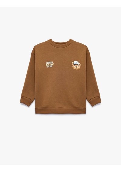 Koton Uzun Kollu Üç İplik Oversize Bisiklet Yaka Ayıcık Baskılı Sweatshirt Kahverengi 7wmb10094tk Kahve