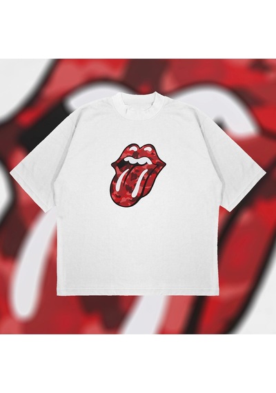 Tarzsokak A Bathing Ape X Rolling Stones Red Boxy Fit Oversize Unisex Tshirt Baskılı Tişör Beyaz