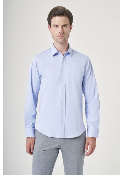 İmza Mavi Sert Yaka Uzun Kol Cepsiz Slim Fit Pamuklu Gömlek 1004260213 Koyu Mavi