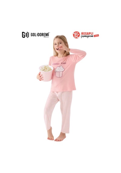 Roly Poly Premium Kız Çocuk Pop Corn Cınema Time Uzun Kollu Kadife Pijama Takım Pembe