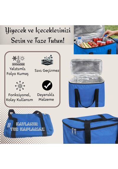 20 Lt Termal Kamp Ve Piknik Yemek Taşıma Çantası, Soğutucu Buzluk Çanta-372 Mavi