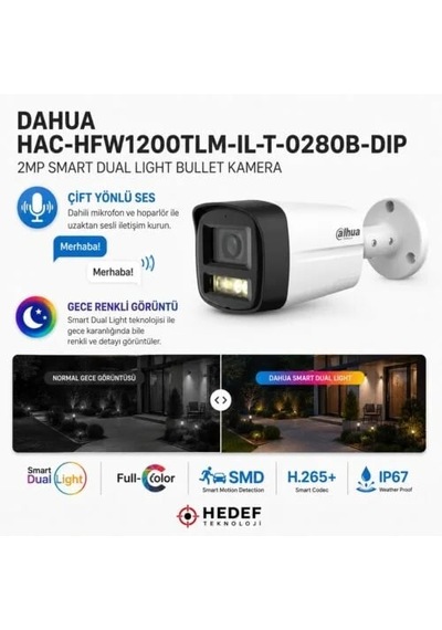 Dahua Hac-hfw1200tlm-ıl-t-0280b-dıp 2mp Smart Dual Lıght Bullet Kamera