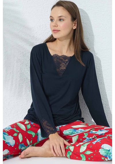Siyah İnci Dantel Detaylı Viskon Pijama Takım Lacivert