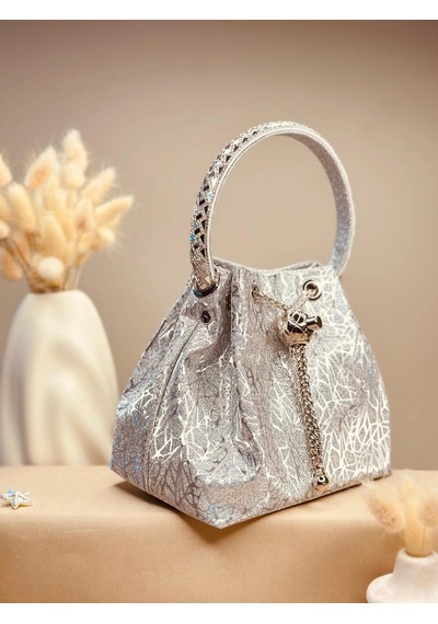 Elora Atelier Taş Detaylı Büzgülü Buz Gümüş Çanta Çok Renkli