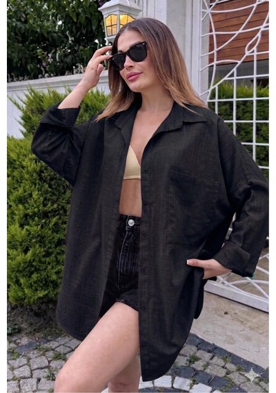 Rouge Basıc Oversize Keten Dokulu %100 Pamuk Salaş Gömlek Siyah