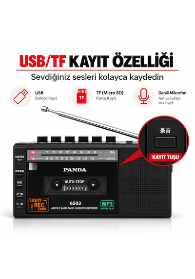Panda 6503 Taşınabilir Kasetçalar Ses Kayıt Cihazı Fm/am Radyo Usb Tf Kart Mp3/wma Kasetten Dijitale Aktarım