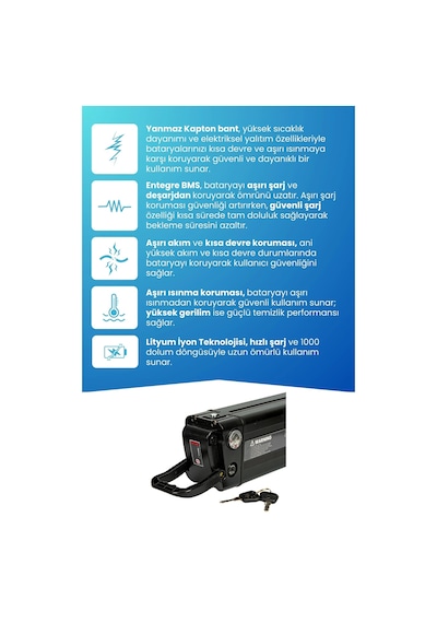 Kron Pacific Batarya 36v 10ah Standart Kapasite Güçlendirilmiş Elektrikli Bisiklet Bataryası Siyah