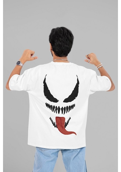 Tasarım Venom Baskılı Unisex Oversize Tişört Beyaz