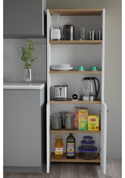 Kapaklı Çok Amaçlı Mutfak Dolabı 150x50x22 Cm - Raflı Erzak Dolabı Modern Depolama Ünitesi Beyaz - Atlantik Çam