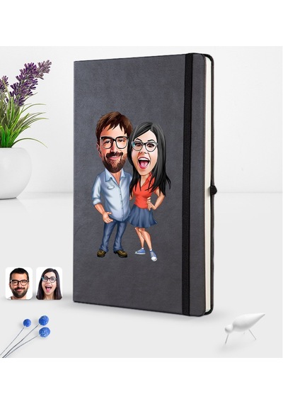 Kişiye Özel Sevgililer Karikatürlü Siyah Termo Deri Defter 16X24C N11.1952