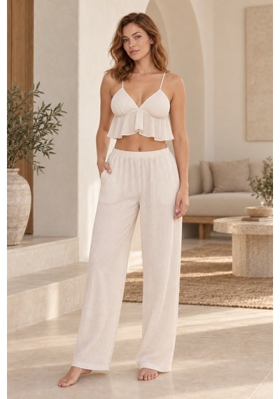 Loule Kadın Bej-krem Çizgili Fırfırlı Sabahlıklı Pijama Takımı Çok Renkli Loule Kadın Bej-krem Çizgili Fırfırlı Sabahlıklı Pijama Takımı Çok Renkli