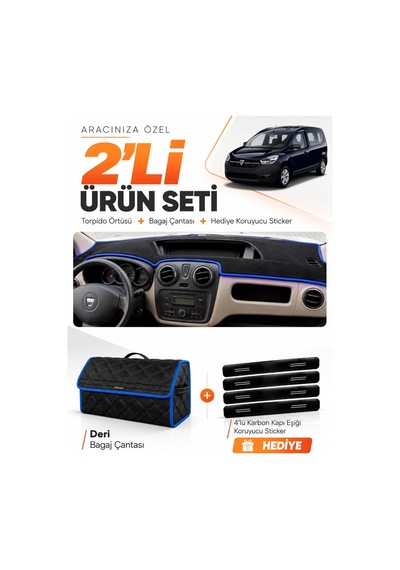 E-biz Dacia Dokker 2012-2020 Uyumlu Torpido Örtüsü + Deri Bagaj Çantası Seti - Siyah-mavi - Da010