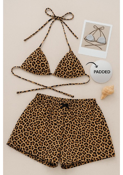 Angbutik Kadın Leopar Desenli Şortlu Belden Ve Boyundan Bağlamalı Bikini Takımı