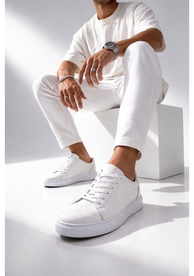 Muggo Leons Hakiki Deri Erkek Kalın Taban Bağcıklı Günlük Casual Sneaker Beyaz