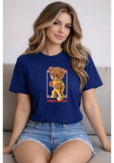Herkesemoda Kungfu Master Baskı Detaylı Basic T-shirt Lacivert