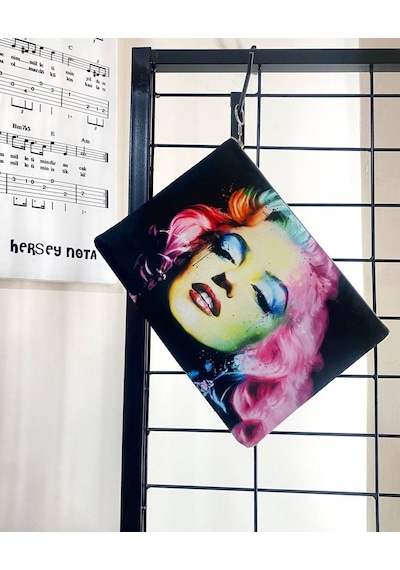 Herşey Nota Renkli Marilyn Monroe Clutch Portföy Çanta Çok Renkli