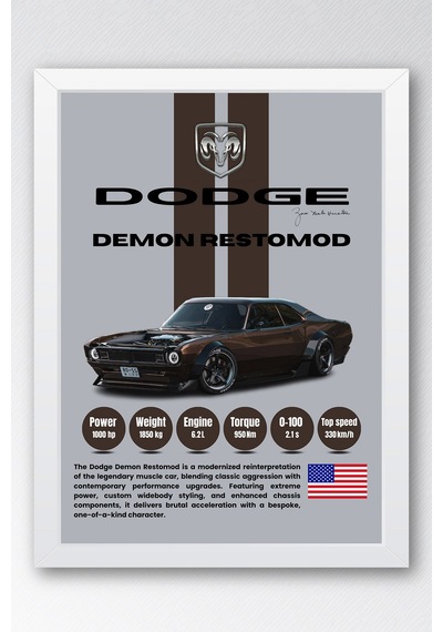 Dodge Demon Restomod Araba Tablosu - Teknik Özellikli Otomobil Poster - Çerçeveli Duvar Dekoru Beyaz