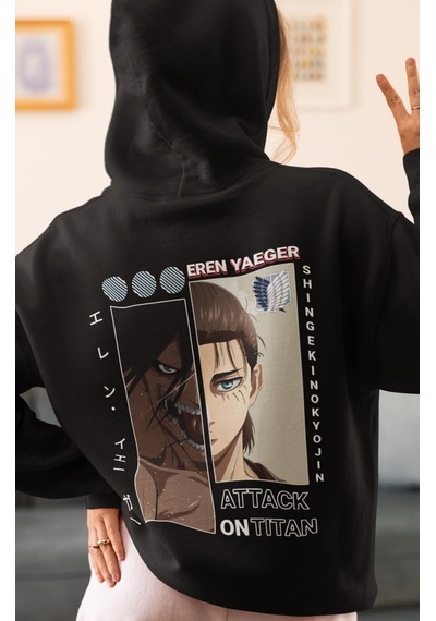 Sevbano Attack On Titan Eren Yeager Anime Sırt Baskılı Unisex Oversize Pe Siyah