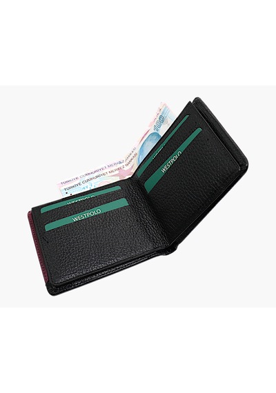 Westpolo Hakiki Deri Kağıt Para Ve Bol Kart Bölmeli Slim Unisex Cüzdan - Siyah-bordo Siyah-cr Bordo
