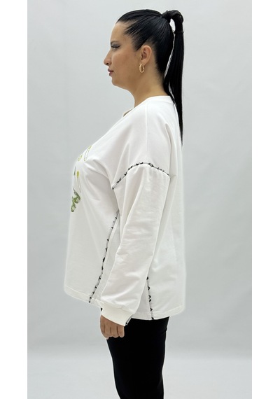 Büyük Beden Pamuklu Taşlı Uzun Kol Oversize Kadın Sweat Beyaz