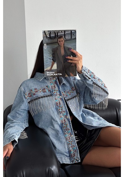 Femelle Kadın Çıtçıt Düğmeli Taş Püsküllü Komple Nakış İşlemeli Denim Ceket mavi