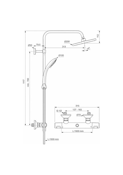 Ideal Standard Ceratherm T25 Termostatik Duş Sistemi A7208aa,krom Krom