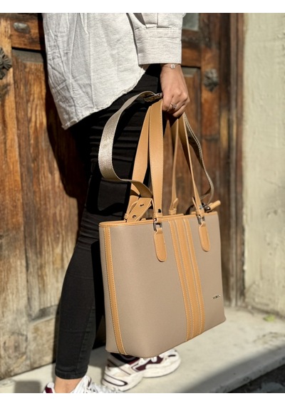 Just Polo Günlük Kombinlere Uygun Kadın Yeni Sezon Büyük Boy 3 Bölmeli Lüks El Ve Omuz Çantası Shoulder Bag Kum - Taba