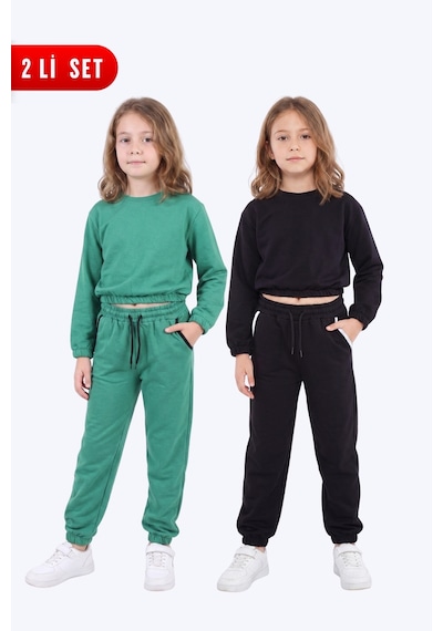 Panios Kids 2'li Yuvarlak Yakalı Beli Lastikli Crop Kesim 4 Parça Kız Çocuk Alt Üst Eşofman Takımı Yeşil-siyah