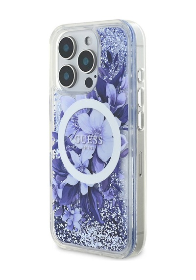 Apple iPhone 16 Pro Uyumlu Kılıf Guess Lisanslı Magsafe Özellikli Sıvılı Simli Çiçek Desenli Mor