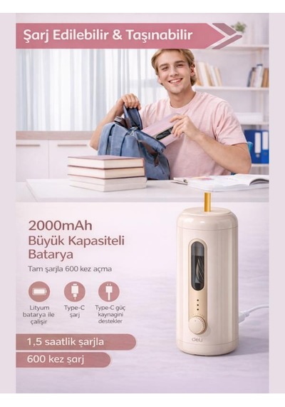 Va10 Bej Şarjlı Otomatik Elektrikli Kalemtıraş 2000mah 5 Kademe Uç Ayarlı, 6.9-12mm Jumbo Uyumlu, Type-c, Geniş Hazneli