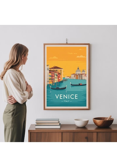 Venedik Gondol Kanalı Baskısı: Minimalist İtalya Seyahat Posteri