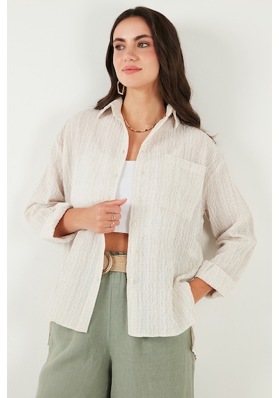 Lela Regular Fit Tek Cepli Önü Kısa Arkası Uzun Krinkıl Bayan Gömlek 6772752 Taş