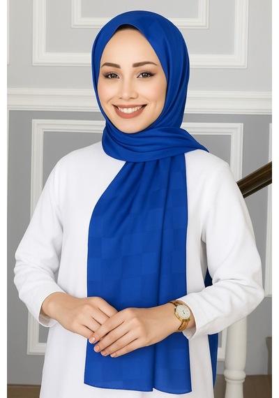 Mim Eşarp Emproyal Silver Jakar Dama Desenli Şal 75x190 Cm Saks