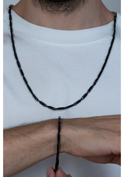 Dark Black Bambu Küp Unisex Çelik Kolye Ve Bileklik Seti Eck05S