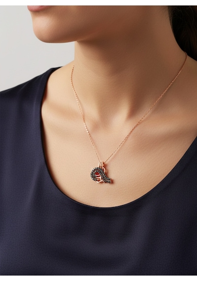 Gümüş Siyah Zirkon Taşlı Gold Osmanlı Tuğrası Trend Kadın Kolye Ö