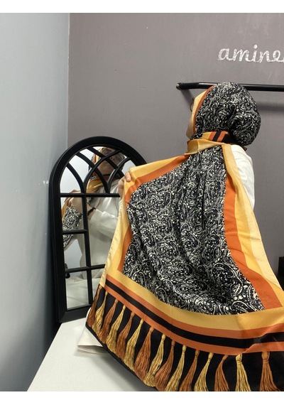 Aminenesil Cardion Premium Etnik Desen Şal Sarı Siyah Renk Siyah Sarı