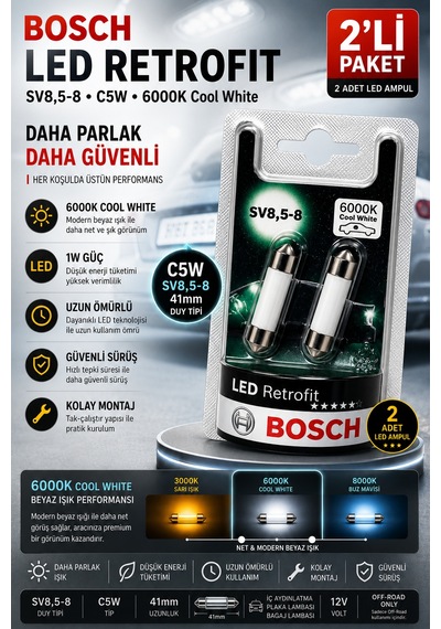 C5w 41mm 6000k Led Retrofit Cool White İç Aydınlatma Plaka Ampulü 2'li Paket