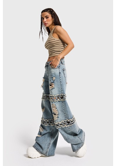 it's basic Kadın Kot Rengi Palazzo Fit Yırtık Detaylı Tasarım Denim Jean Mavi