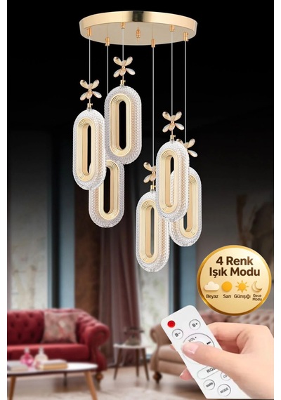 LumiaLighting Eclipse Model 6'lı Kumandalı Gold 3 Renk Modu Ledli Kristal Taşlı Modern Salon Mutfak Oturma Odası Led Avize Altın
