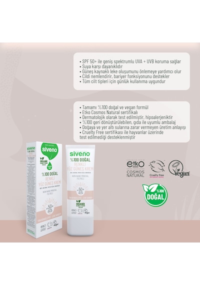 Siveno %100 Doğal Yüz Güneş Kremi Renkli Ton Eşitleyici Leke Karşıtı Uva Uvb Spf 50+ 30 ML