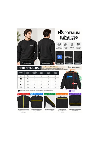 Hk Premium Sweatshirt Bisiklet Yaka Hk Premium Logolu Erkek Basic Beyaz