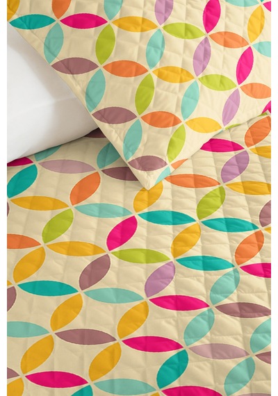 Renkli Geometrik Genç Odası Tek Kişilik Pike Takımı - Turkuaz Sarı 160x220 Cm Kapitone Yatak Örtüsü Buharlı Halı Aralığı