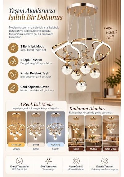 Ey-El Tasarım Galaksi Modern Sarkıt Led Avize 3 Renk Sarı Gold Kaplmalı Toplu Kelebek Taşlı Gold