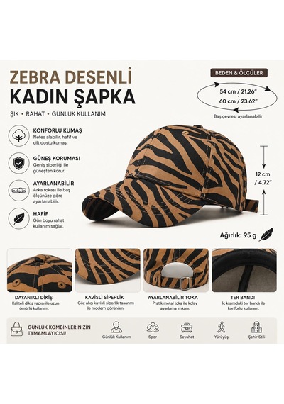 Valkyrie Kahverengi Zebra Desenli Kadın Şapka Ayarlanabilir Baseball Cap Pamuk Günlük Spor Şapka