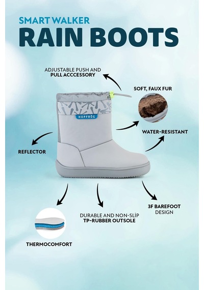 Hopfrög Rain Boots Süper Mat Havalı Gri Suya Ve Soğuğa Dayanıklı Barefoot Çocuk Botu Gri